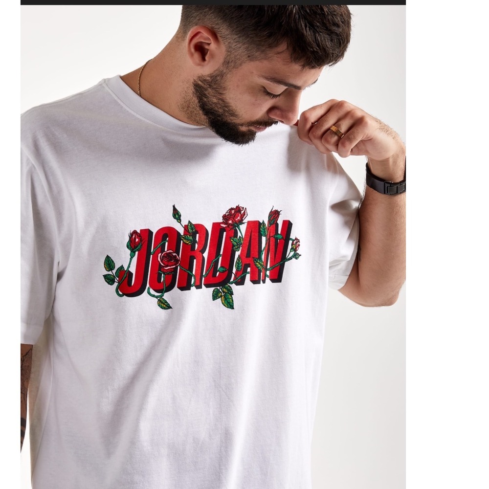 Jordan Mens Sorry Rose Graphic T-Shirt White Red Floral Jumpman Tee Medium